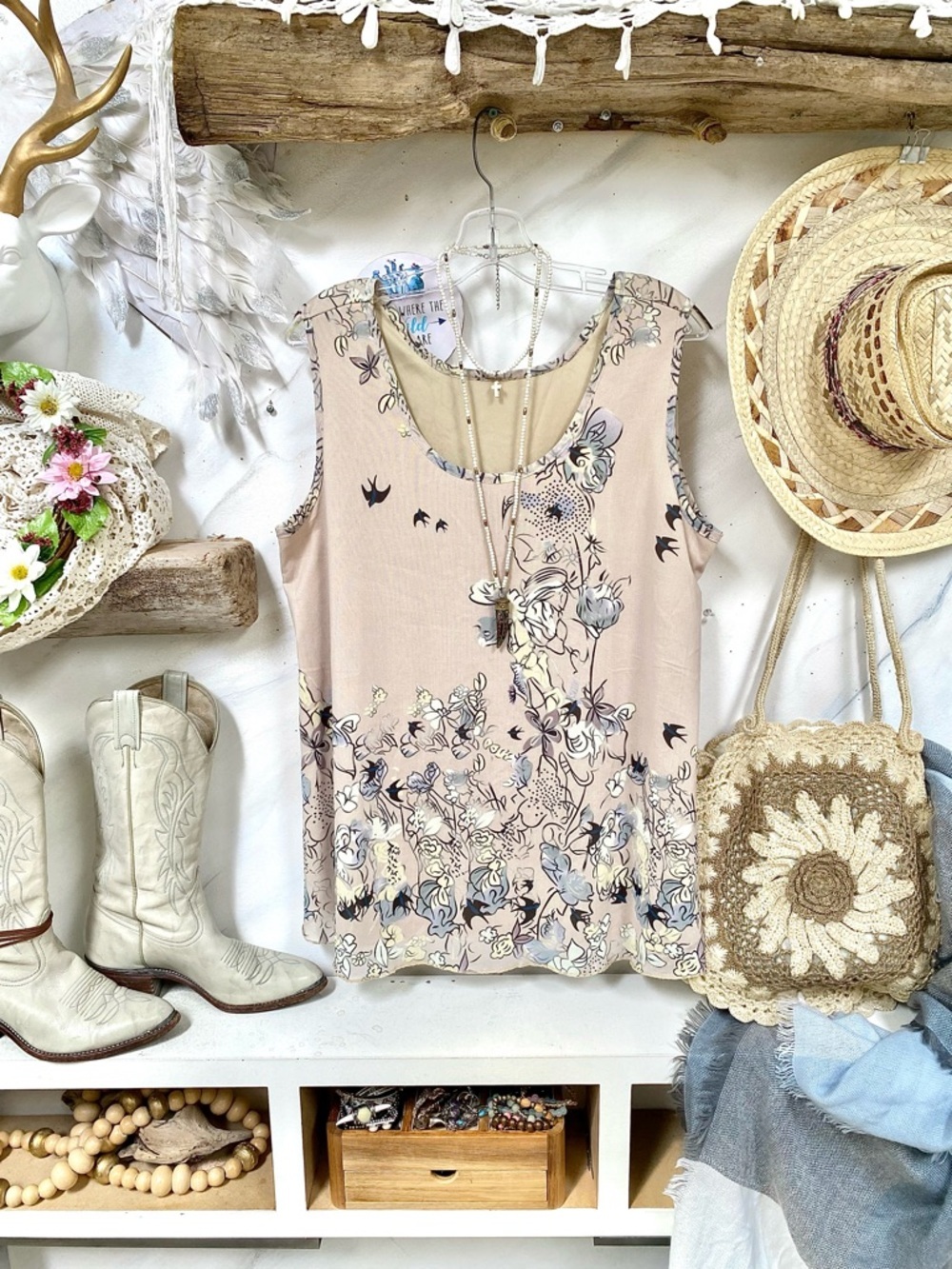 Sweet prairie country vibe boho blouse w birds florals shabby chic feel